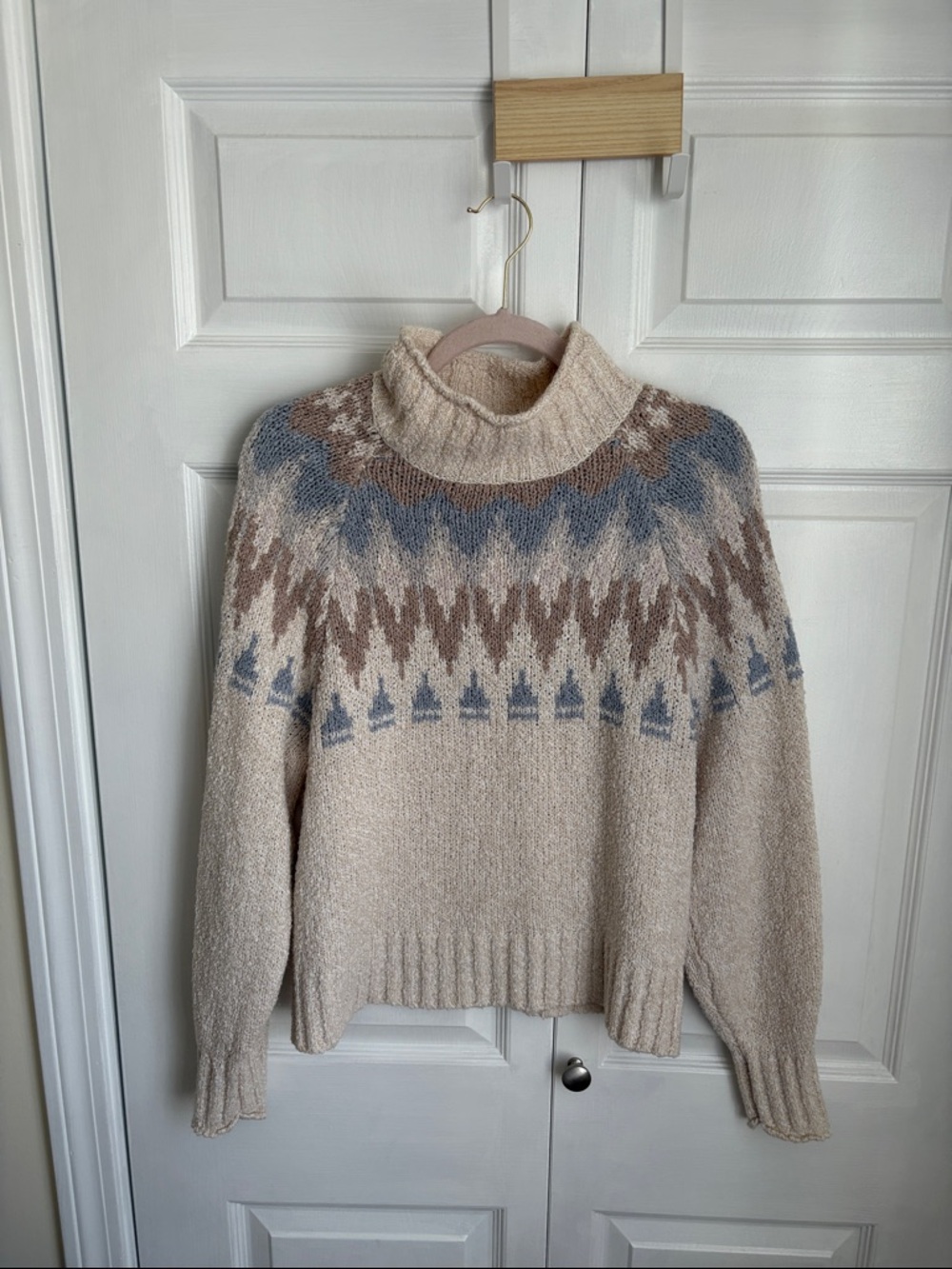 American Eagle Outfitters Fair Isle Turtleneck Sweater in Cream, Blue, and Brown